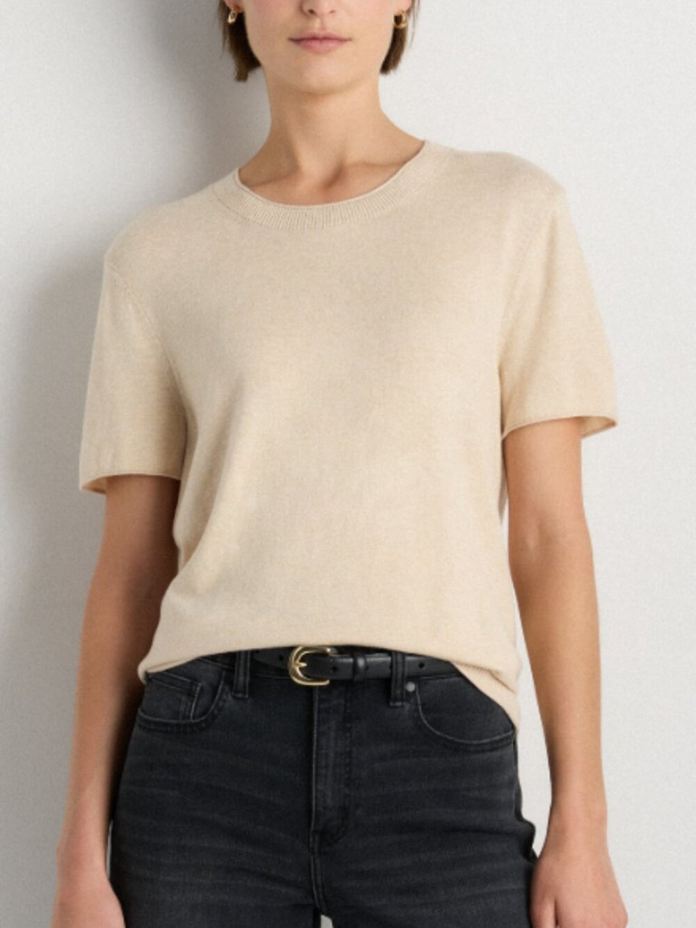 Quince Lightweight cotton cashmere relaxed sweater tee Beige Short Sleeve Top XL